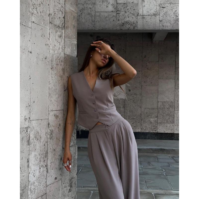 Women's V-Neck Sleeveless Vest Vest Draped Wide Leg Western Pants Casual Suit