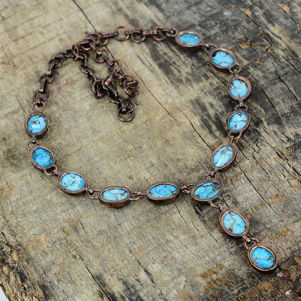 Copper blue turquoise necklace electroformed copper necklace gemstone adjustable chain necklace handmade latest design jewelry gifts for her