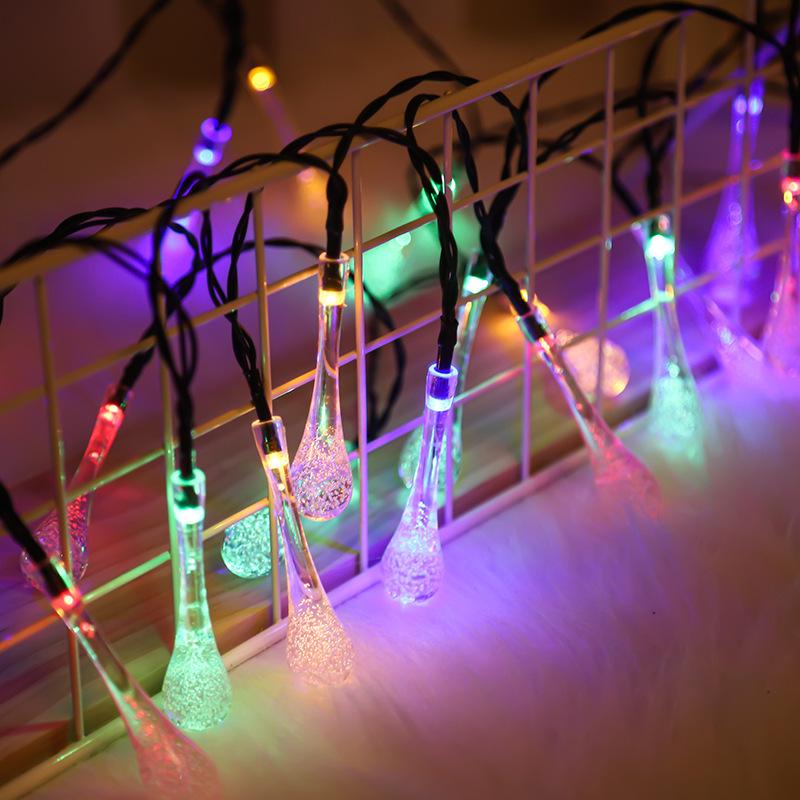 Colorful LED Solar Water Drop String Lights for Terrace and Courtyard Decoration 1.5m 10 Lights Battery