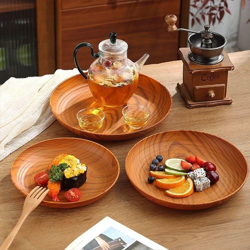 Kitchen Accessories Plastic Wood-Grain Round Tray Imitation Wood Multi-Purpose Serving Plate Dinner Plates Tea Coffee