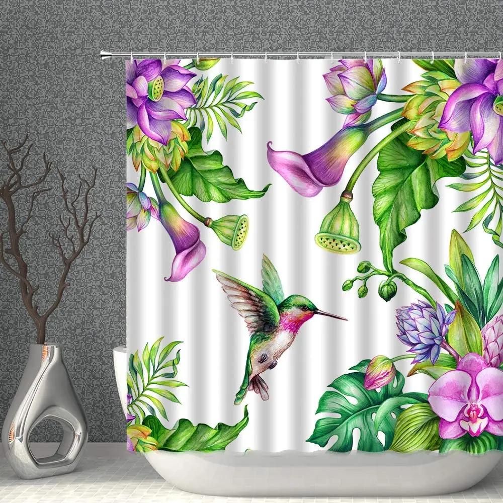 Colorful Floral Decor Shower Curtain Spring Watercolor Flower Bird Butterfly Nature Plant Purple Blue Green Bathroom Curtains