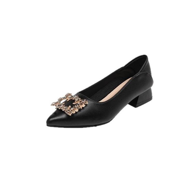 Qianjin Wind Thick Heel Single Shoes Women's Spring New Pointed Head Shallow Mouth Square Buckle Rhinestone Versatile Temperament High Heels