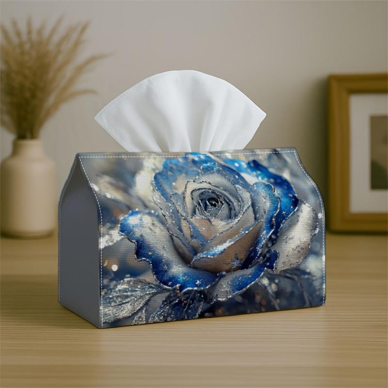 1pc Tissue Box Holder with Luxury Fantasy Floral Design-Rose Blue Crystal,Durable Polyester,Ideal for Kitchen,Living Room,Bedroom,Bathroom,Car-Holiday