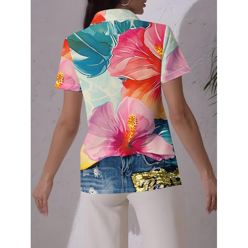 Women's Lapel Short-Sleeve Shirt Summer Hibiscus Full Print Casual Sequin Hawaiian Style Loose Top for Party Holiday