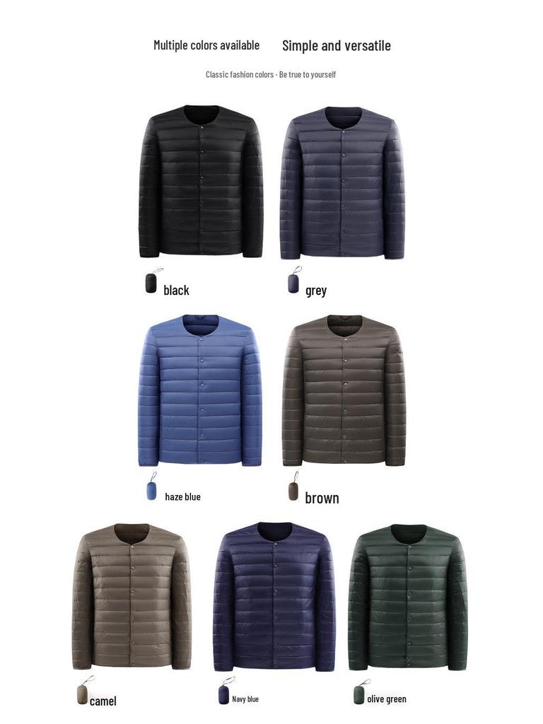 Men's Lightweight Collarless Down Jacket - Autumn/Winter, Plus Size Round Neck White Duck Coat