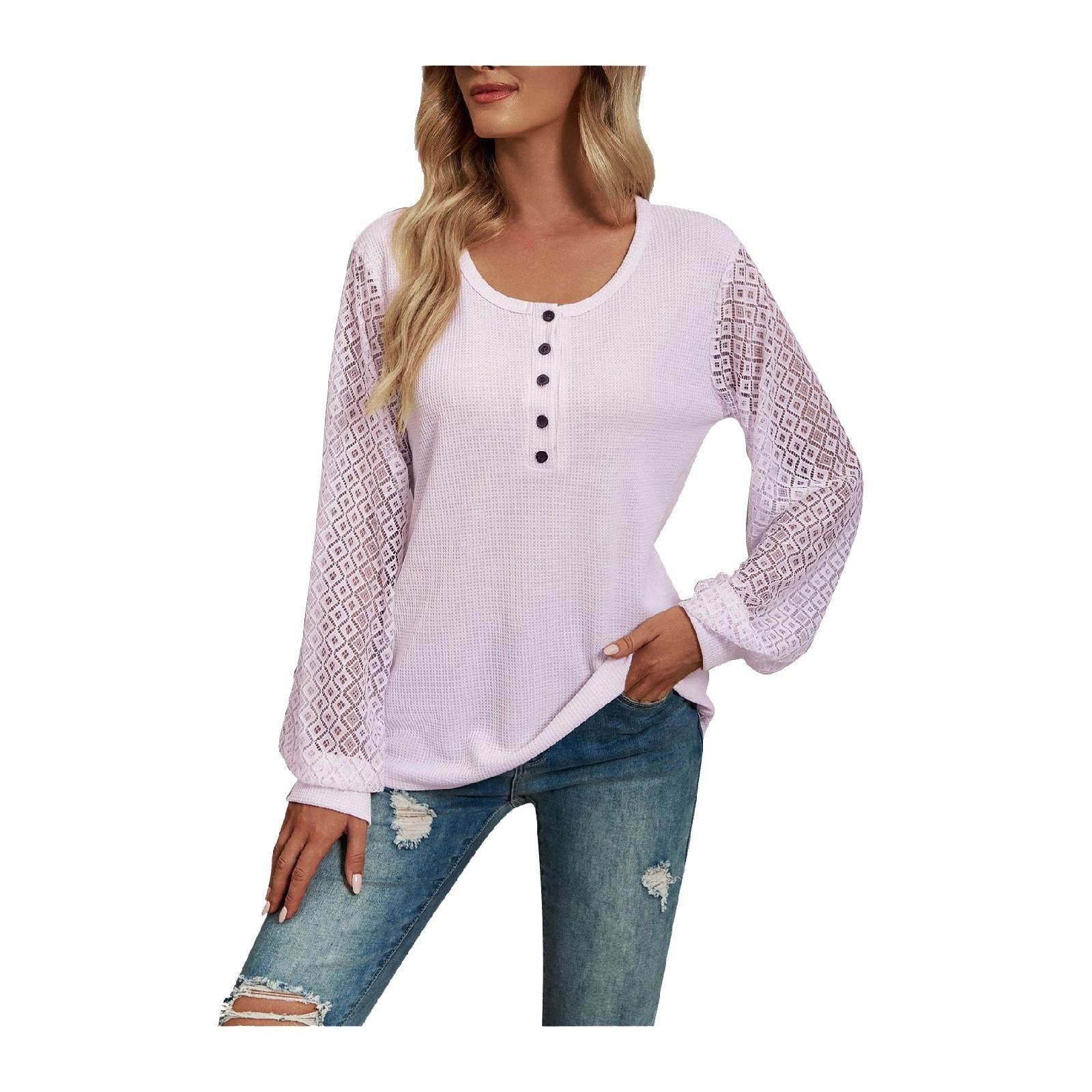 Fashionable Women s  Patchwork Long,Sleeve Button,Up T,Shirt L