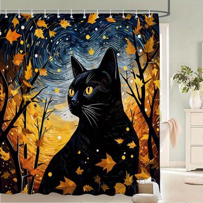 Starry Night Cat Waterproof Mildew-Resistant Shower Curtain - Artistic Design for a Cozy Bathroom Décor Experience