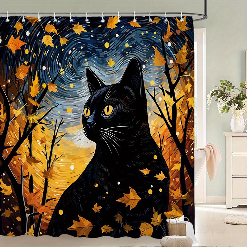 Starry Night Cat Waterproof Mildew-Resistant Shower Curtain - Artistic Design for a Cozy Bathroom Décor Experience