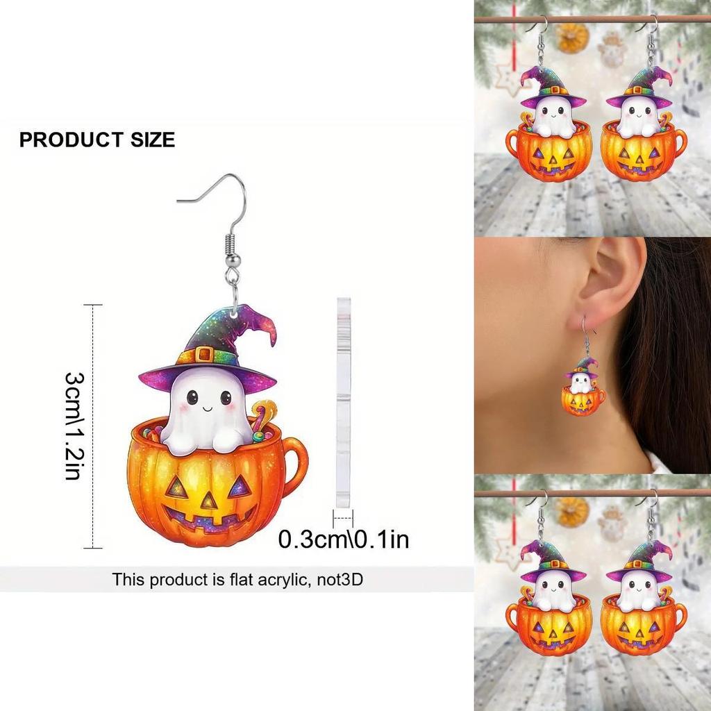 Halloween Themed Ghost Pumpkin Pot Pattern Women Acrylic Earrings For Unisex Festival Wear