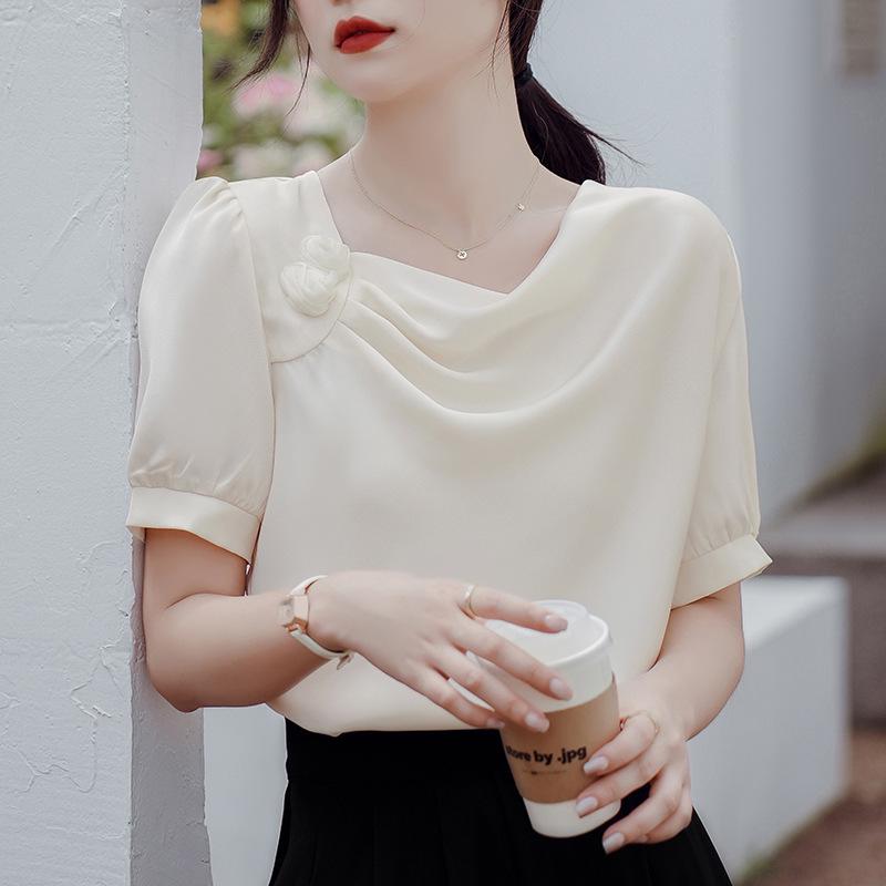 2026 Elegant Satin Chiffon Shirt with 3D Floral Design - Short-Sleeved, French Pleated, Stylish Summer Top 2XL