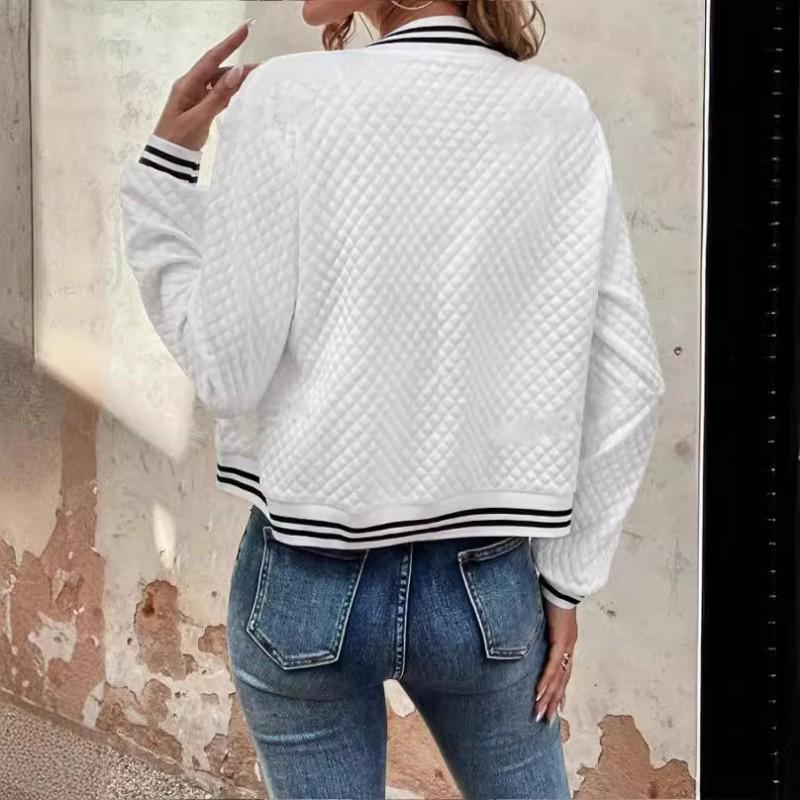 Womens Relaxed Fit Jacquard Stand Collar Zip-Up Baseball Jacket Casual Long Sleeve Top