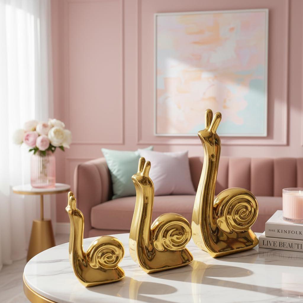Home Decor Snail Family Ceramic Finish Figures - (Set of 3 Piece, Golden)