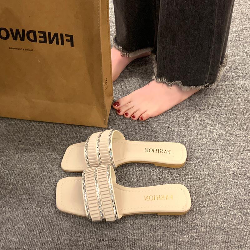 Fairy Wind Pleated Rhinestone Cool Slippers Female Summer New Outer Wear Square Head Flat Bottom One-word Slippers Large Size Cool Slippers