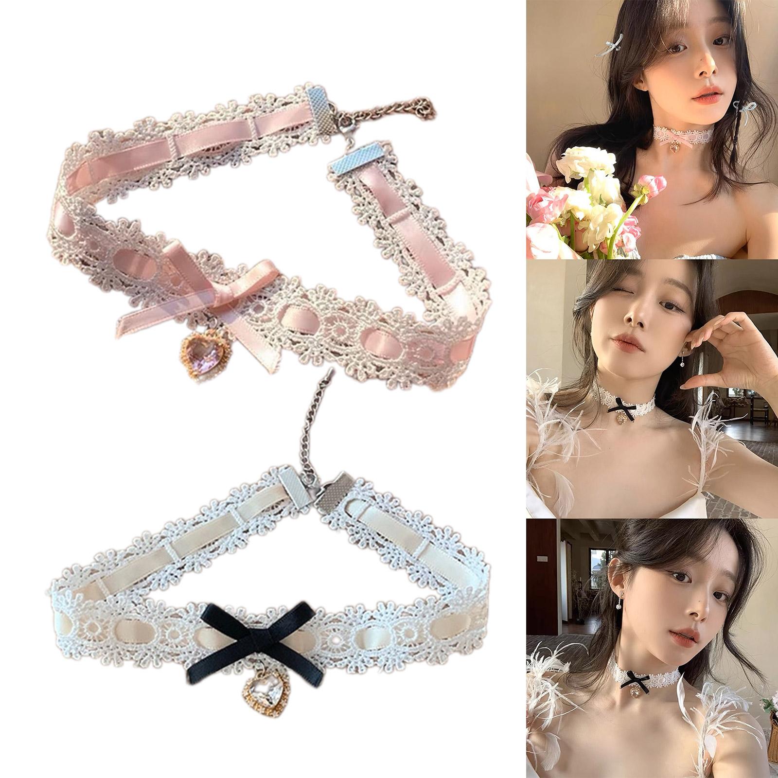 

Bow Heart Clavicle Chain Necklace Cute Bowknot Lace Neckchain Adjustable Collarbone Chain Decoration for Daily Wear рожевий