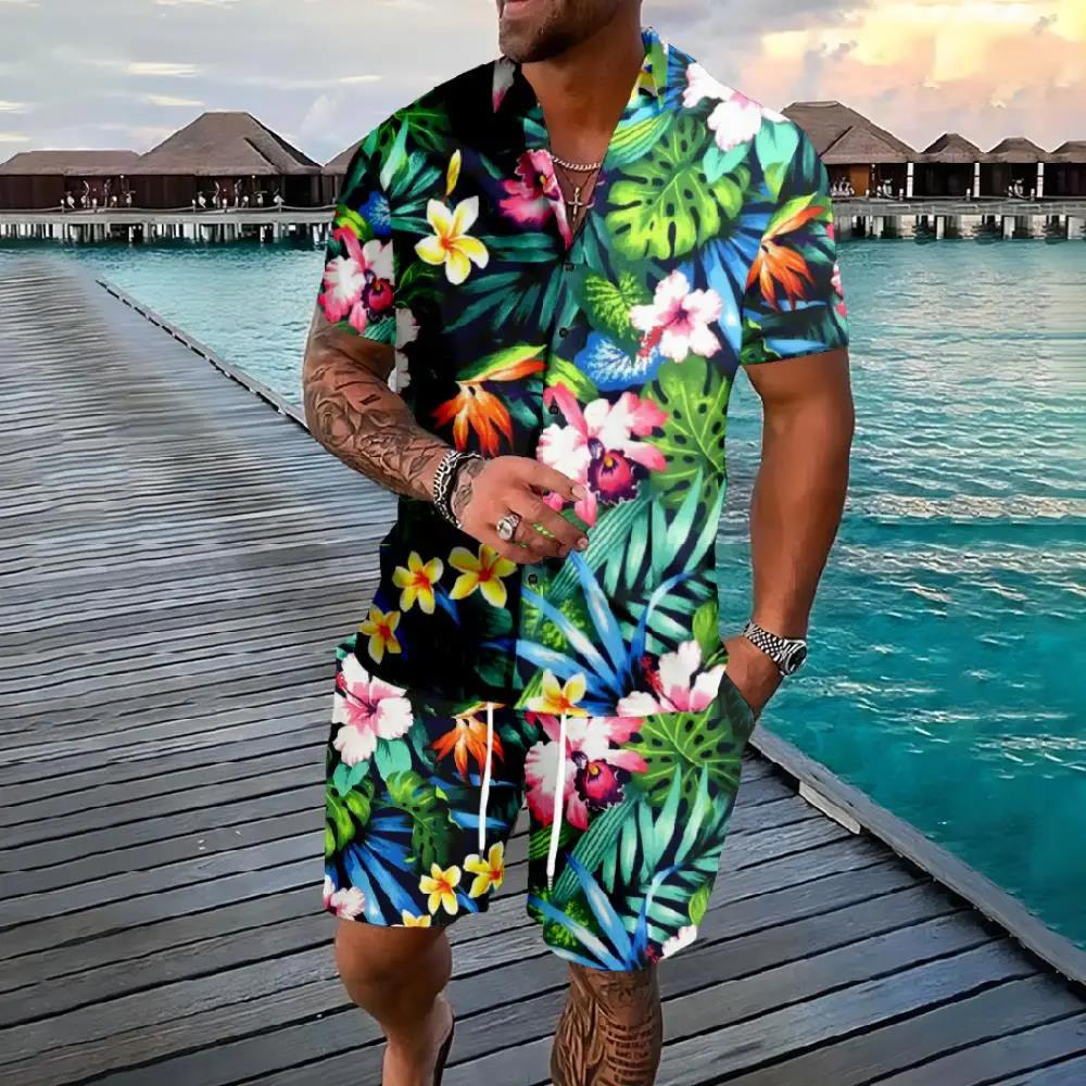 Fashionable Summer Floral 3D Print Men's Set: Short-Sleeve Shirt and Loose Casual Beach Shorts