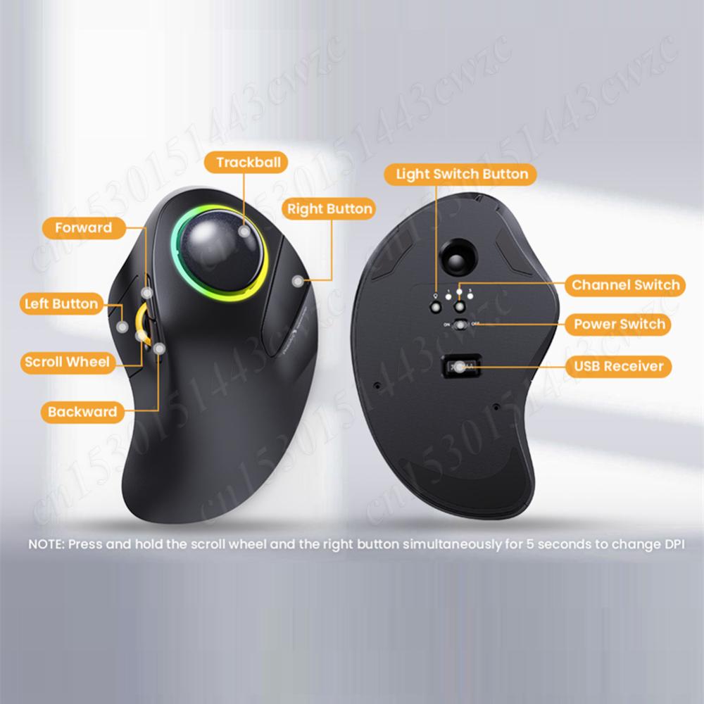 2.4G & Bluetooth Wireless Mouse RGB Ergonomic 1600DPI Rollerball Mice Rechargeable PC Gaming Mouse for Computer Laptop Mac iPads
