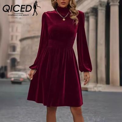 Γυναικείο Φόρεμα Μόδας Άνοιξης και Φθινοπώρου Με Ταμπεραμέντο Όρθιος Γιακάς Μονόχρωμο Βελούδινο Μακρυμάνικο