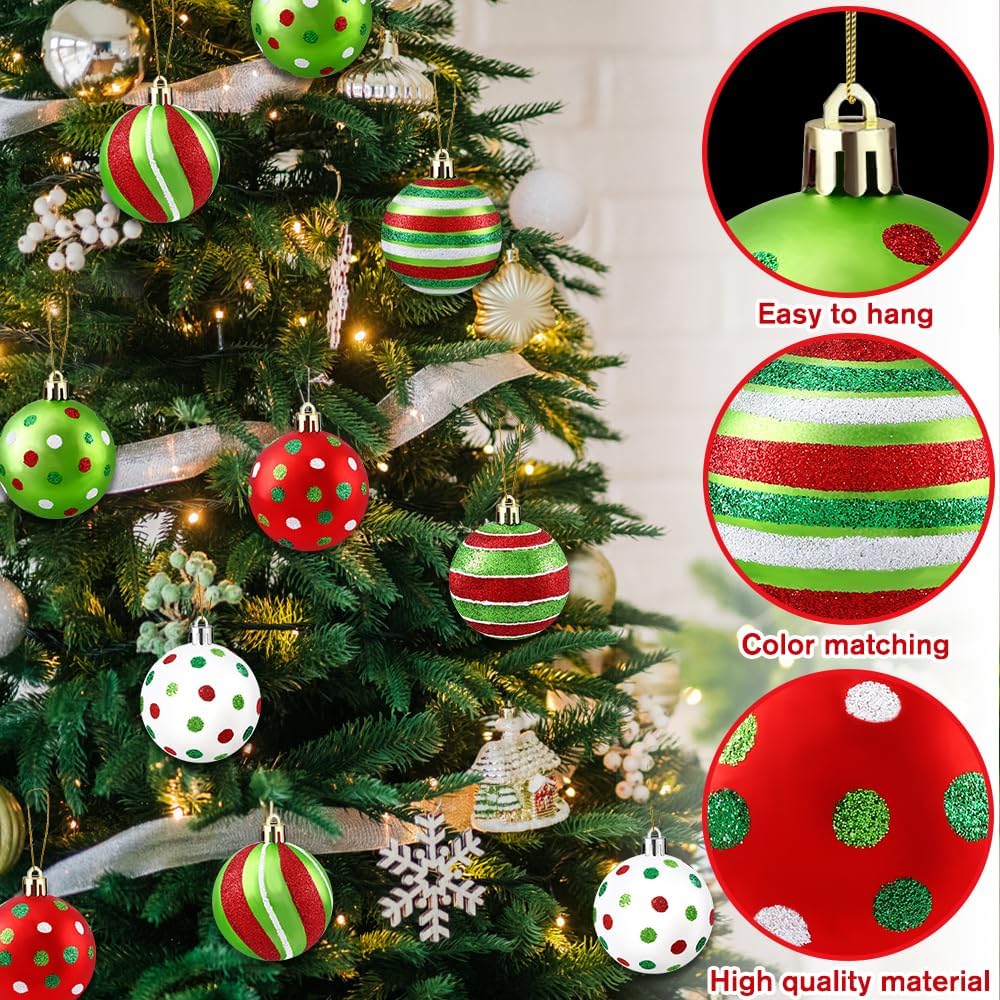 18pcs Christmas Balls Ornament 2.4 Inch Glittering Hanging Xmas Balls for Tree Decoration Swirl Candy Cane Elf Balls Red Green Plastic Christmas
