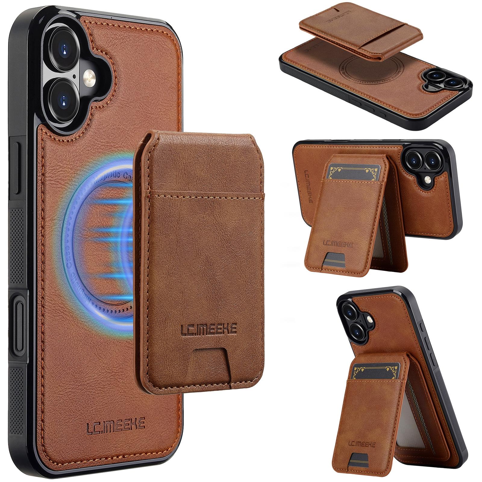 

LC.IMEEKE L3 For iPhone 16 Plus Magnetic Case Detachable Card Holder Leather+TPU Mobile Cover Brown