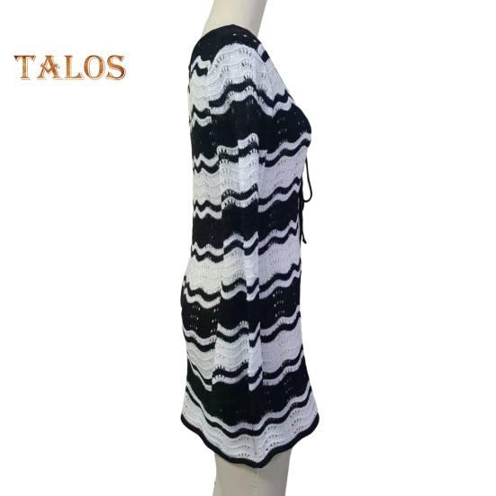 Women's Swimwear Cover-Up Striped Crochet Hollow Out Mesh Beach Dress V-Neck Tie Front Long Sleeve Summer Bathing Suit for Beach Vacation