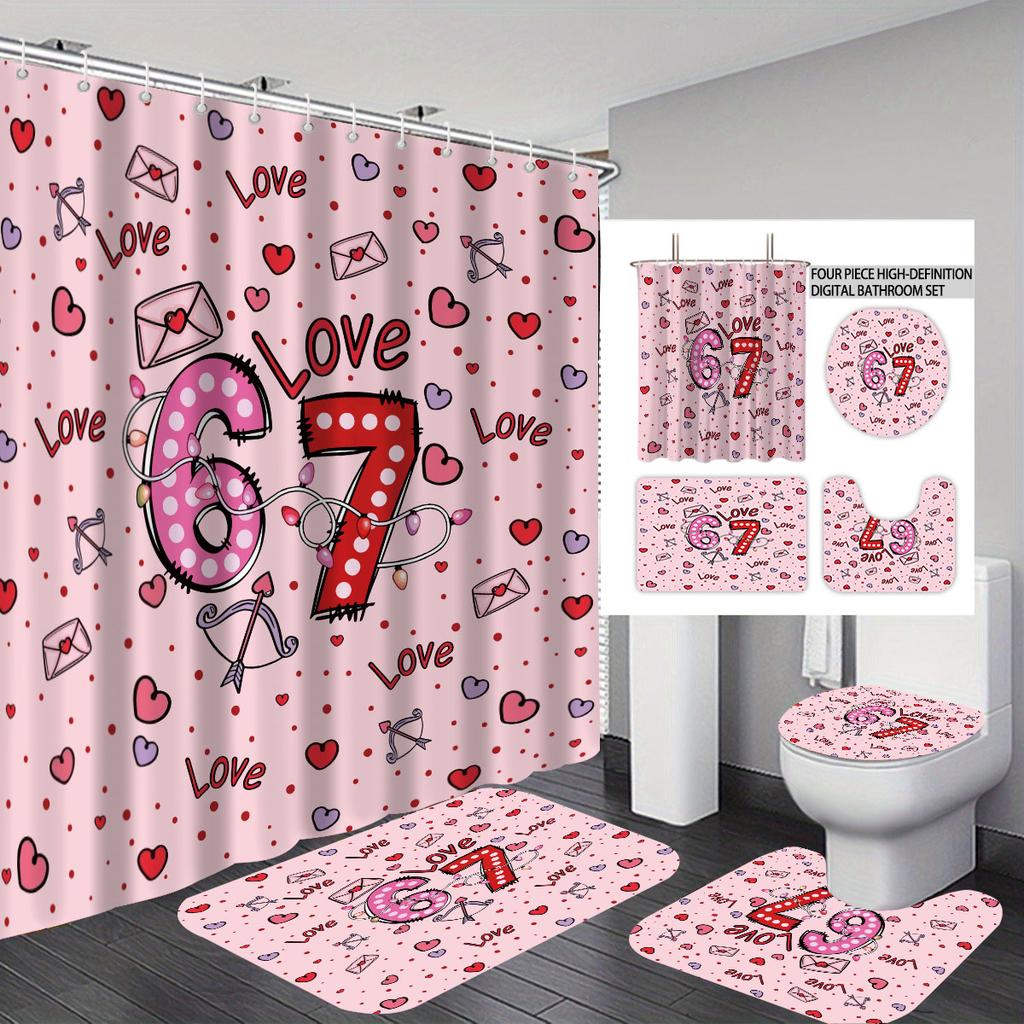 4pcs Valentine's Day Romantic 67 Element Printed Bathroom Set Waterproof Shower Curtain Floor Mat Toilet Mat U-shaped Mat