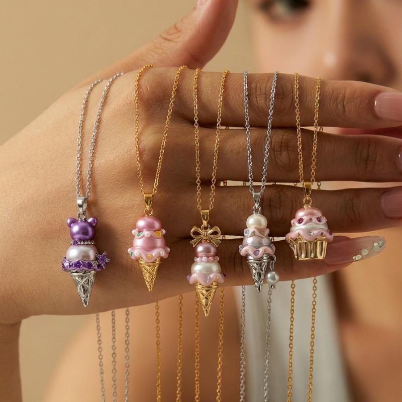 Ice Cream Necklace With Pearl Pendant For Casual Wear Perfect Gift For Teens