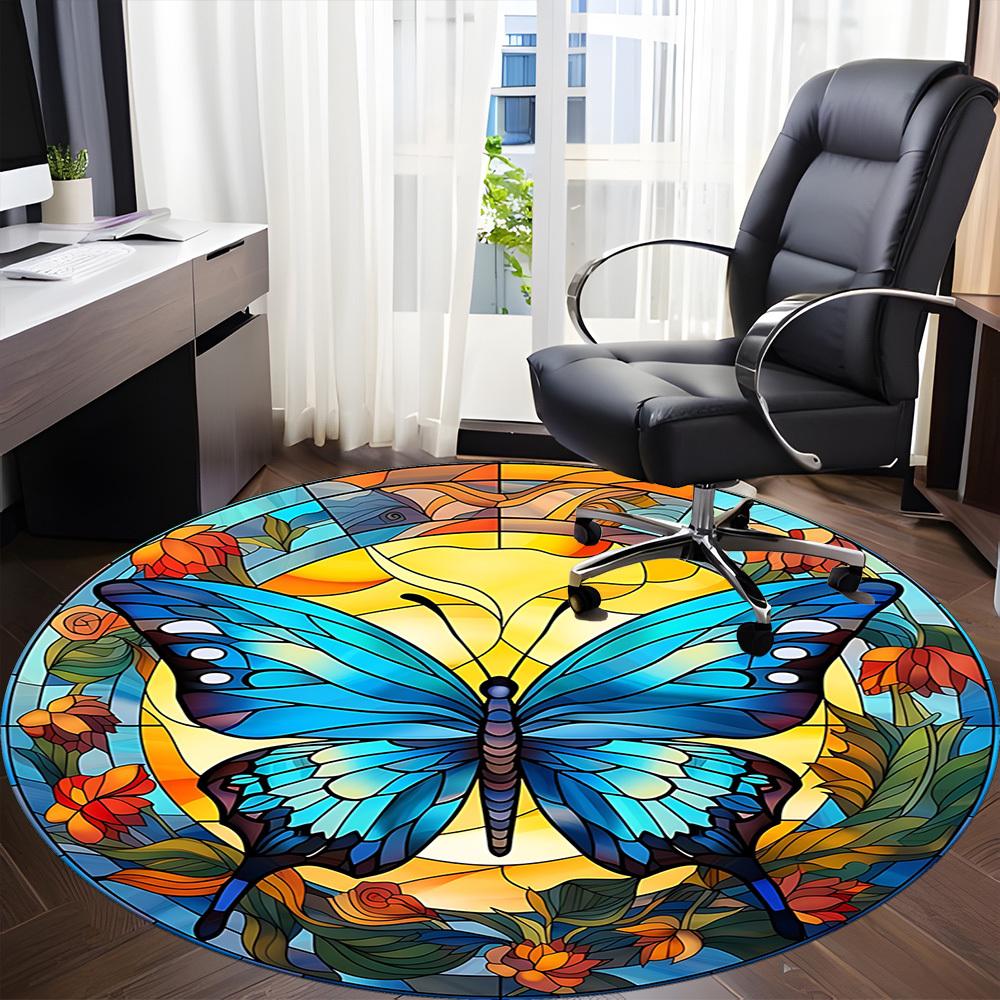 1pc Butterfly StainedGlass Office Round Area Rug, Indoor Mat Suitable ForOffice, Under Office Chairs Bedroom Living Room Home Decor, Room Deco D163