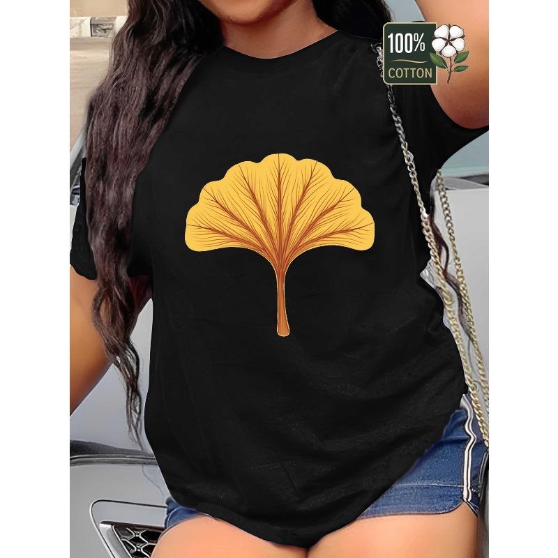 

Womens Plus Size Golden Gingko Leaf Print T Shirt Black Casual Round Neck All Season Floral Tee Top 4XL