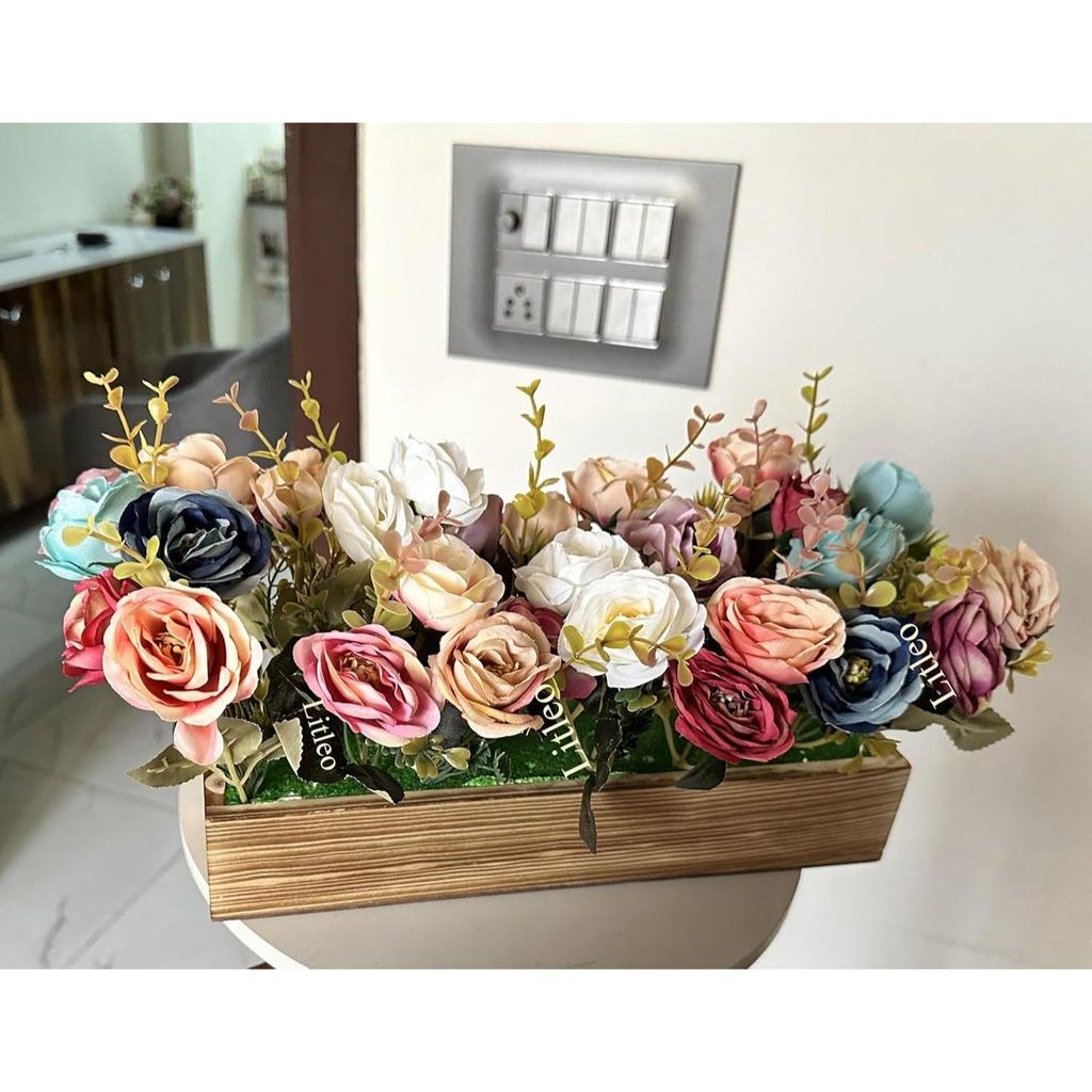 Wooden Pot with Multi-Design Dry Artificial Flowers, Perfect Home Office Gift, Elegant Décor (Multi Long)