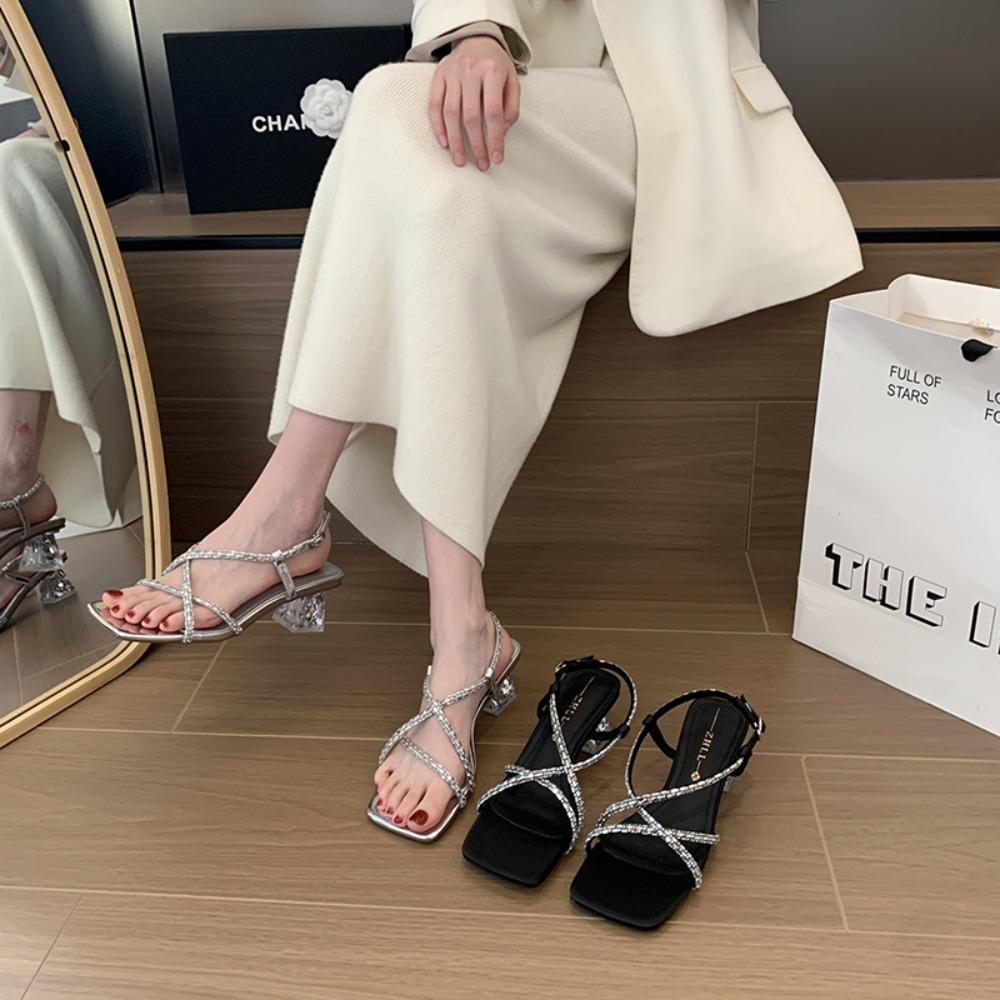 High Heeled Sandals Women Summer Straight Cut with Rhinestones Transparent Womens Sandals Crystal Heel Plus Size Women's Shoes