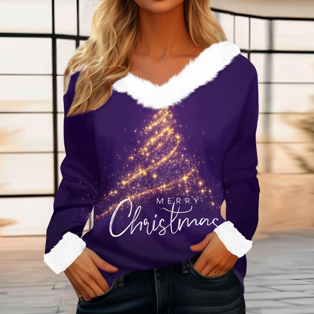 Kadın Günlük Moda Uzun Kollu Noel Baskılı Flanel Yakalı Üst