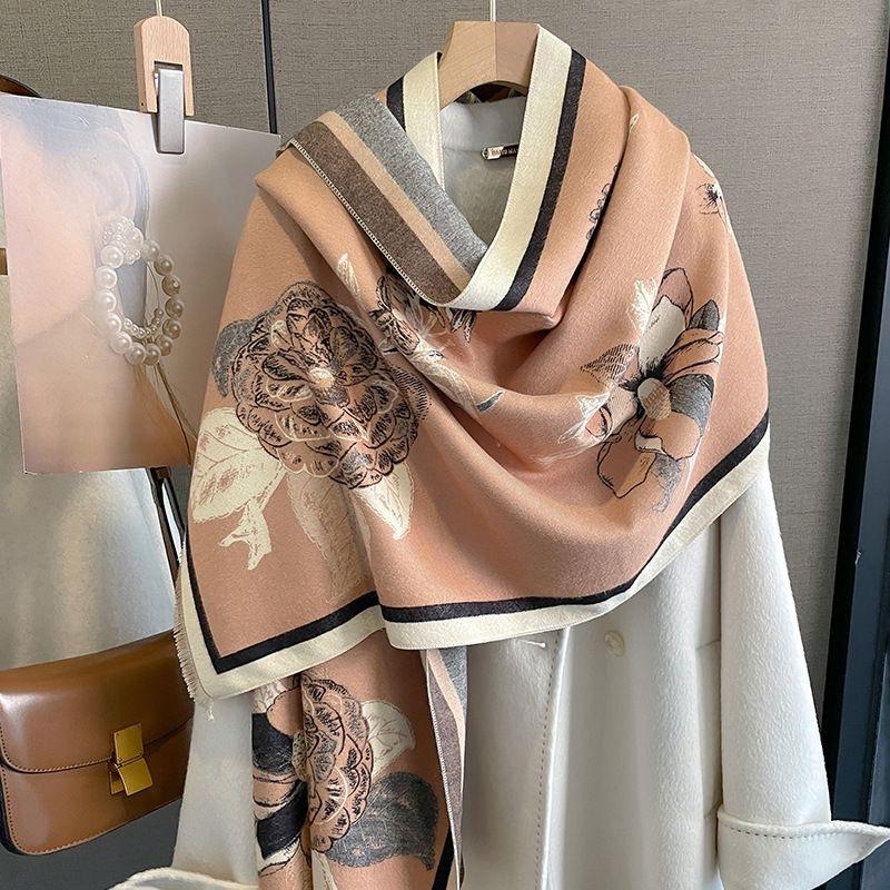 Autumn and Winter Scarf Women's New Shawl Outer Layer High End Peony Flower Scarf Office Blanket Imitation Cashmere Thickened Warm