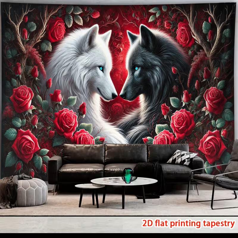 2D Gothic Wolf Couple Red Rose Tapestry Floral Wall Art Background Cloth