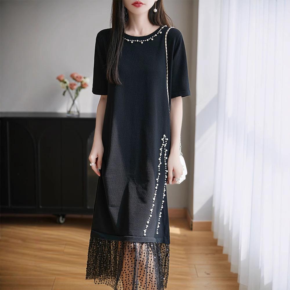 

Women s Color Block Beaded Patchwork Summer Knit Dress L for 52-60 kg
