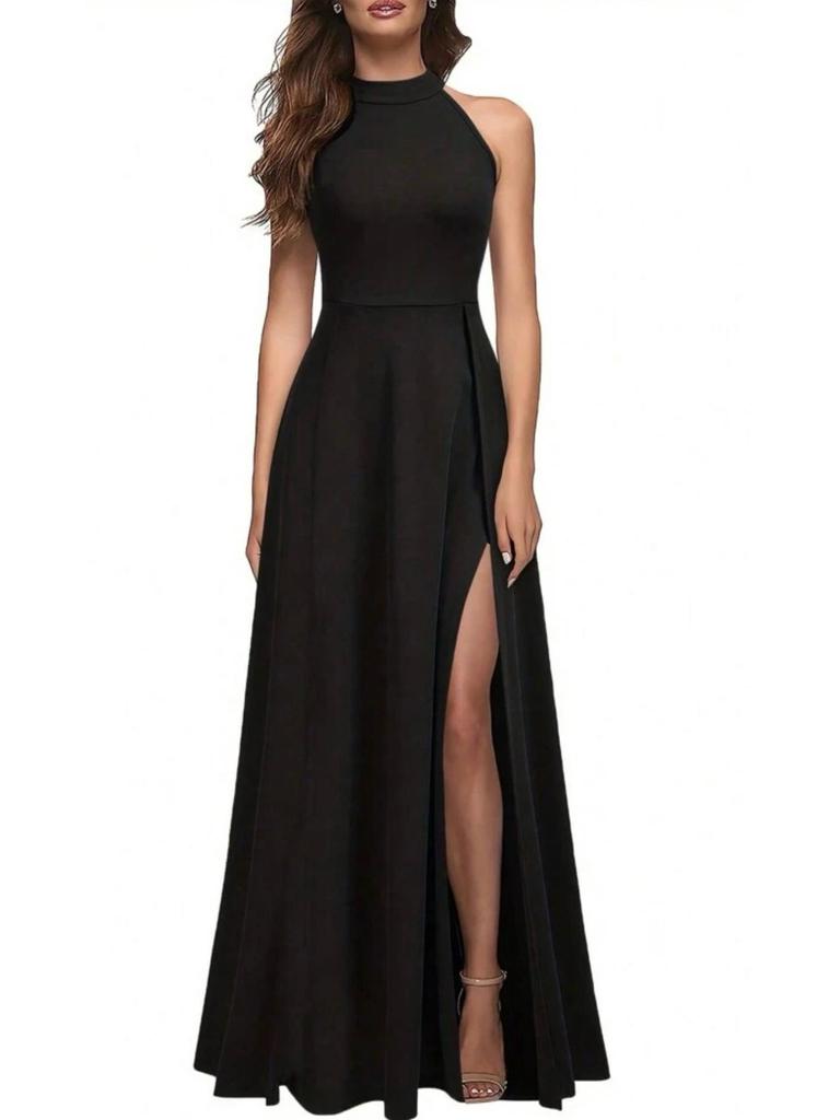 Women's Halterneck Sexy Evening Gown - Summer 2026 Slit Banquet Long Dress, Solid Color Formal Wear
