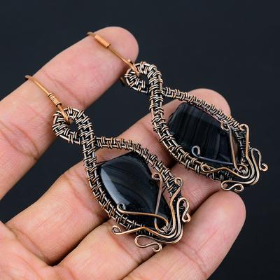 Pendiente de Regalo de Ágata Bandeada Negra Natural con Envoltura de Alambre de Cobre 2.87 e3v54