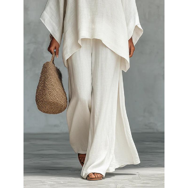 2026 New Women's Simple Loose Linen Blend Shirt and Wide-Leg Pants Set