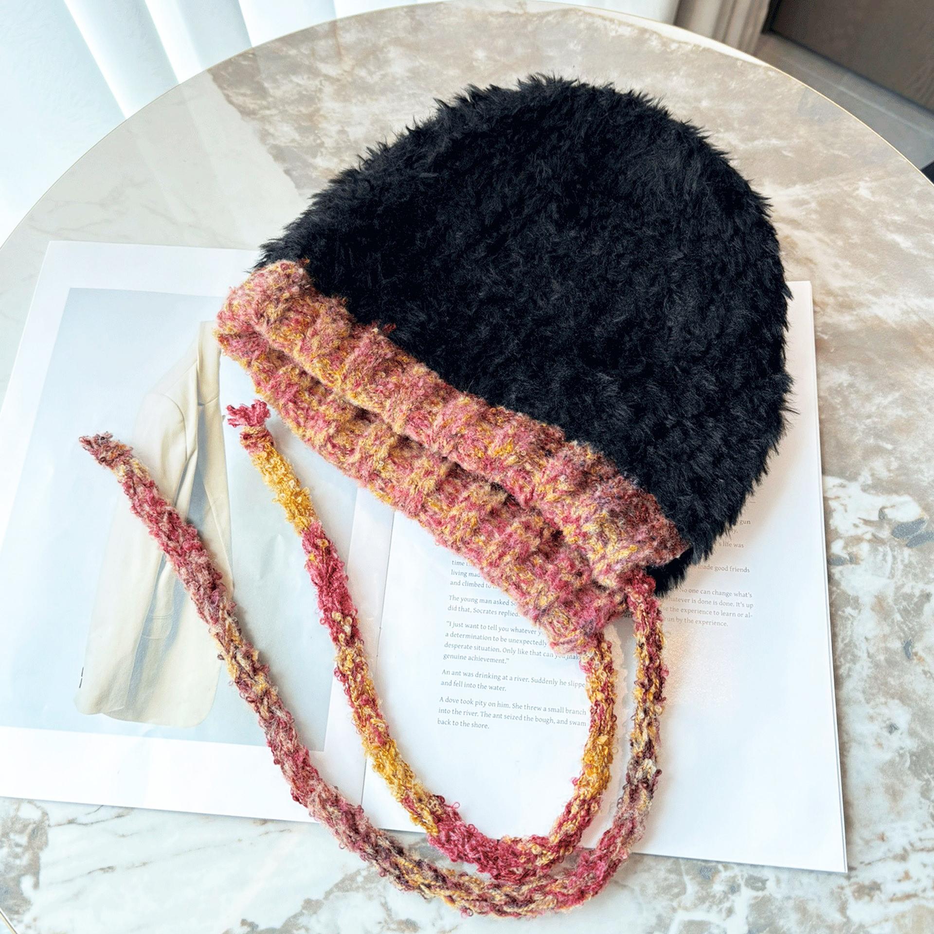 Plush Hat Winter Warm Collision Color Drawstring Ear Protection Hat Korean Version Of The Hundred Matching Woolen Knitted Cap