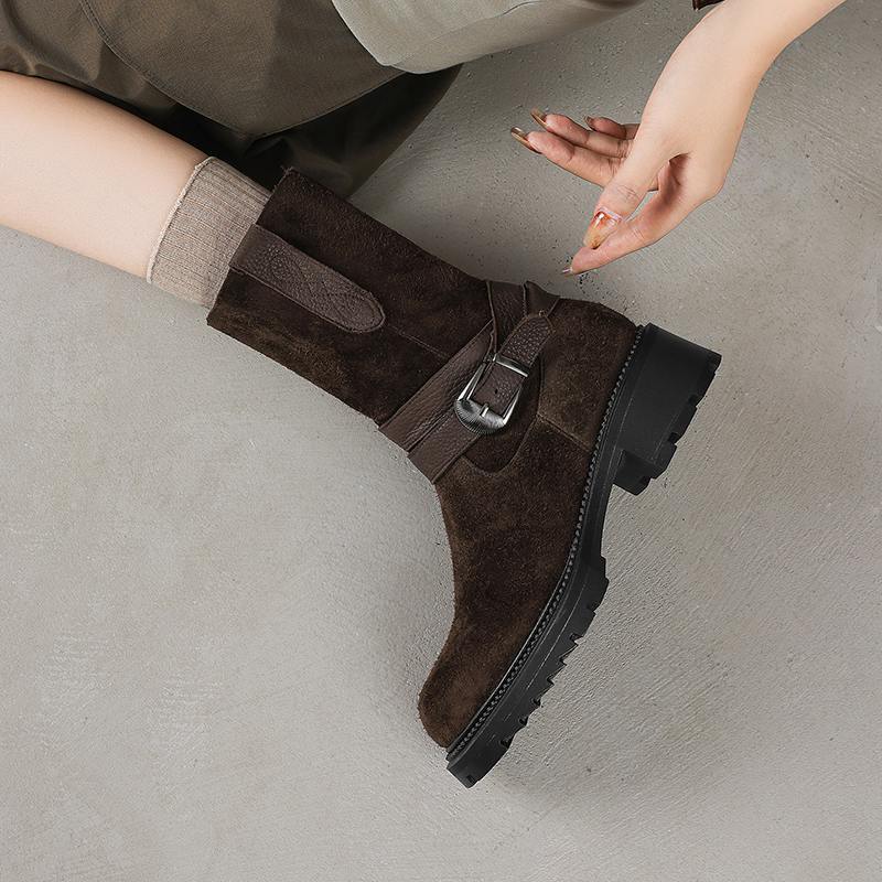 Krazing Pot Fashion Cow Suede Nubuck Winter Round Toe Modern Boots Med Heels Zipper Metal Buckle Mid-calf Boots