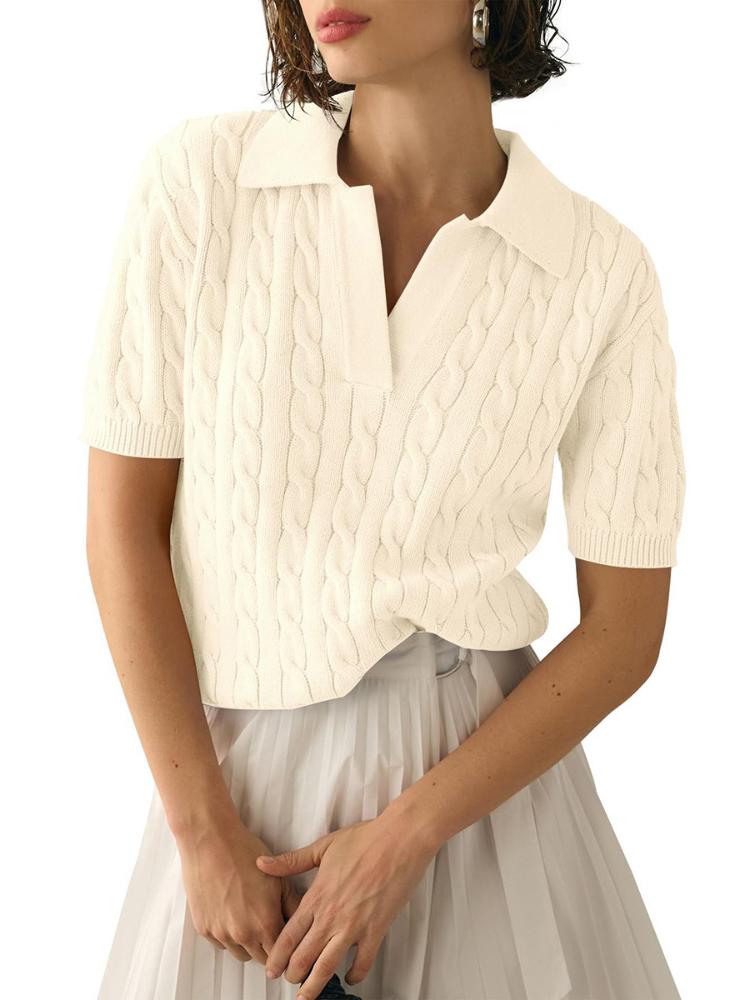 Women's polo collar short sleeved knitted sweater, women's casual solid color twisted flower knitted sweater