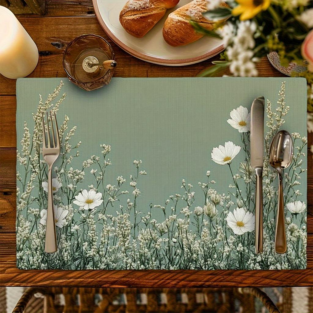 4pcs Sage Green Floral Placemats – Vintage Daisies & Wildflowers DesignWashable Polyester, Ideal for Indoor/Outdoor Dining