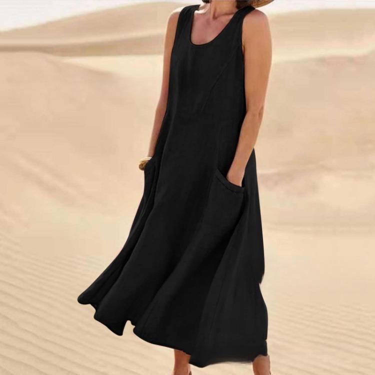 Ladies Summer Cotton Linen Dress European American Style Round Neck Sleeveless Pocket