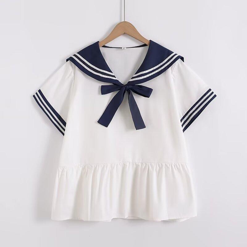 

Summer Women White Shirts Sailor Collar Navy Blouses Pullover Short Sleeve Tops Bow Striped Girl Sweet Clothes Female Clothing One size