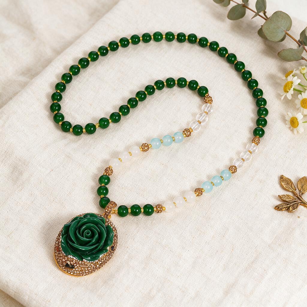 Retro Chinese Luxury Sweater Chain with Green Bead Pendant - Women's Fashionable High-End Celebrity Style Accessory