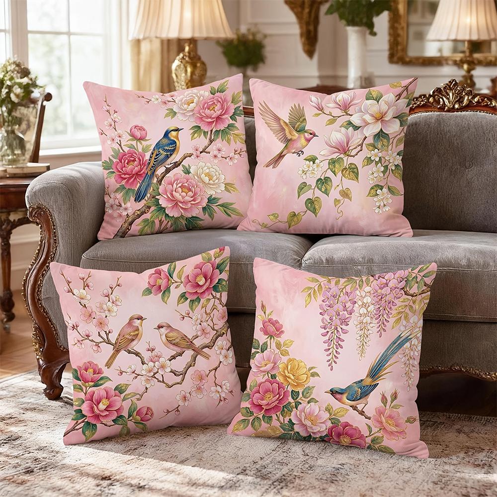 1/4pcs 2D Flat- Chinoiserie Pink Floral & Songbird Throw Pillow Covers Home farmhouse outdoor decoration cushion cover