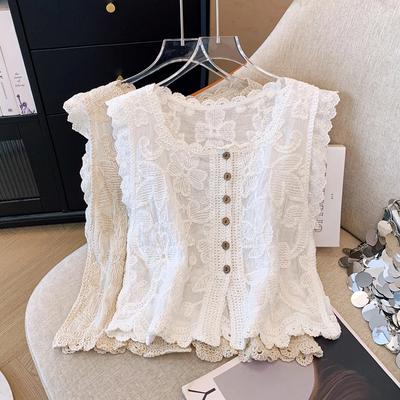 Top de Tirantes de Punto Calado Bordado con Ribete de Encaje para Mujer - Elegante Top Corto de Verano