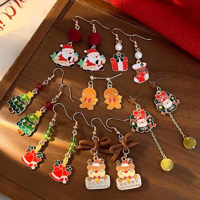 Red Bow Christmas Cartoon Earrings: Santa & Reindeer Studs for Women