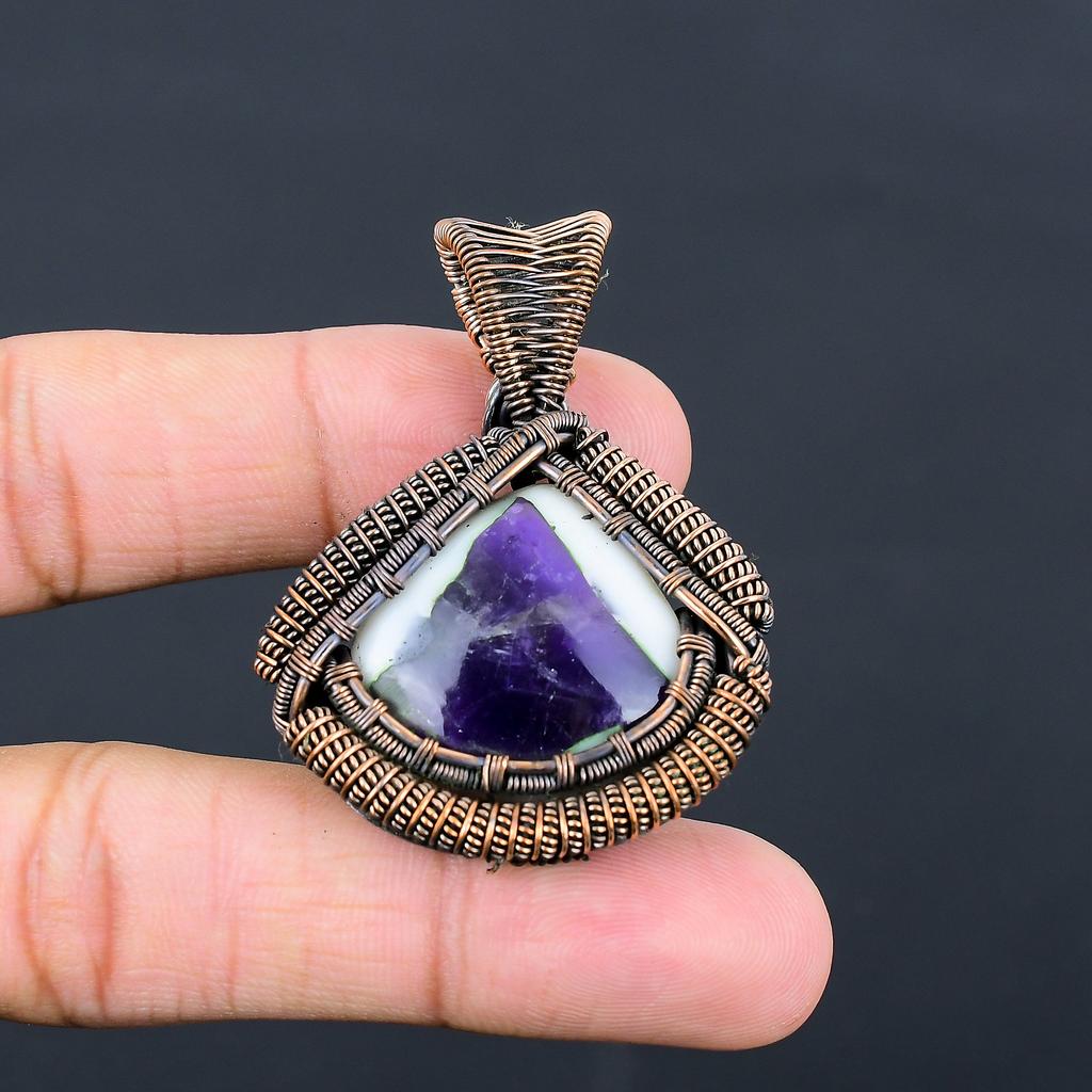 Natural Sage Amethyst Gemstone Handmade Copper Wire Wrap Pendant 2.17" n4T55