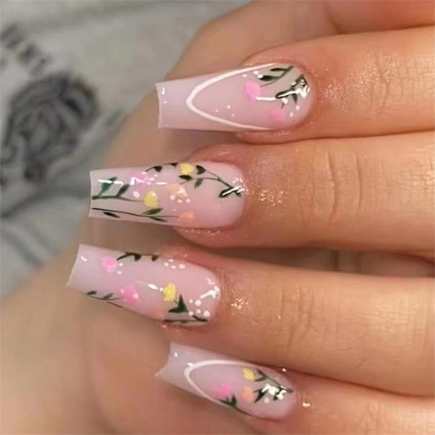 24Pcs Pink Matte French Leopard Square Coffin Press On Nails Artificial Acrylic Fake Nails For Women