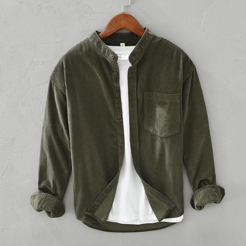 

Весна/осень рубашки с длинным рукавом мужские вельветовые рубашки в японском стиле с воротником-стойкой облегающие повседневные топы из чистого хлопка для мужчин с карманом XXXL зелёный